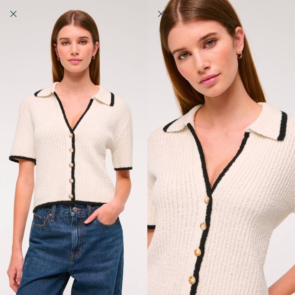 Abercrombie and fitch Short Sleeve Crochet-style Polo Cardigan M NWT - Picture 2 of 11